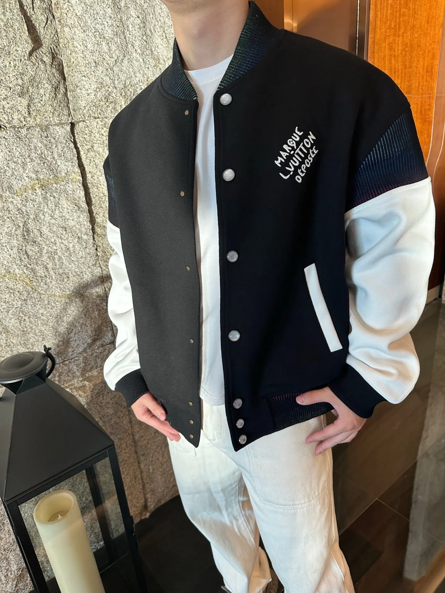Louis Vuitton/Louis Vuitton Black White leather baseball jacket jacket